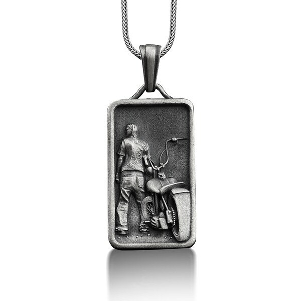 Collier pendentif moto en argent sterling, collier motard personnalisé pour meilleur ami, pendentif prénom personnalisé pour homme