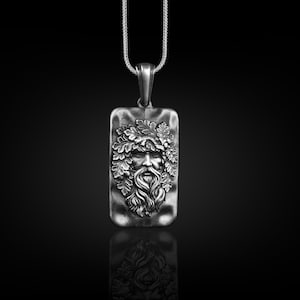 Druid Engraved Necklace in Silver, Oxidized Greenman Necklace For Dad, Mythology Necklace For Husband, Unusual Pagan Necklace For Sassenach