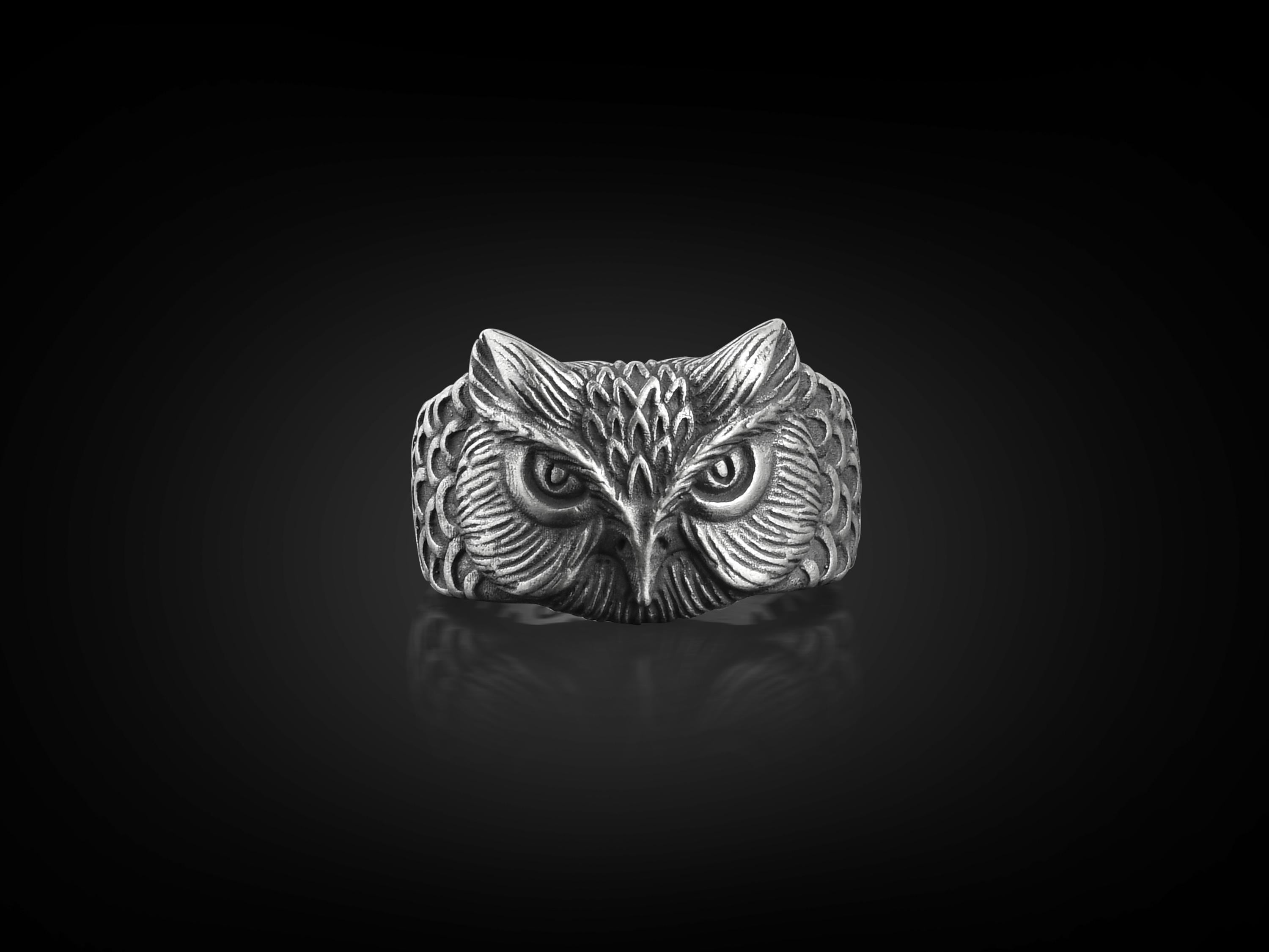 Owl Mens Ring in Oxidized Silver, Cool Birds of Prey Ring For Boyfriend, Engraved Animal Ring For Me
