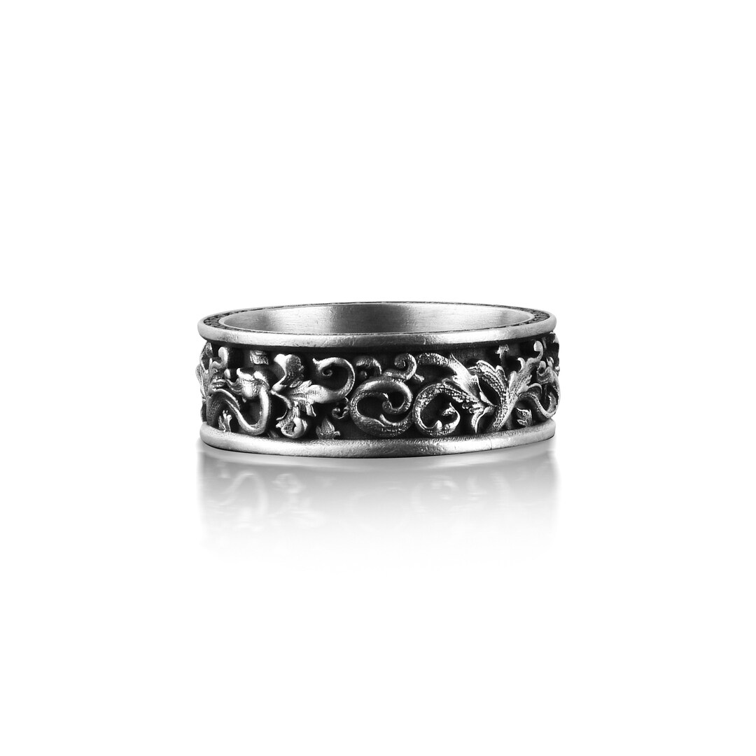 Carved Leaf Motif Promise Ring for Him, Oxidized Rococo Ornament Mens