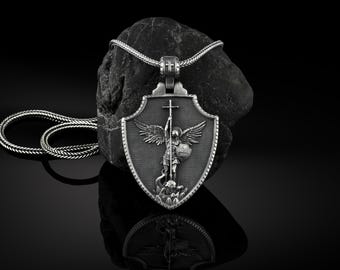 Archangel Saint Michael Silver Medallion, Orthodox Shield Archangel Pendant, St Micheal Necklace, St Michael Is Commander Of The Army Of God