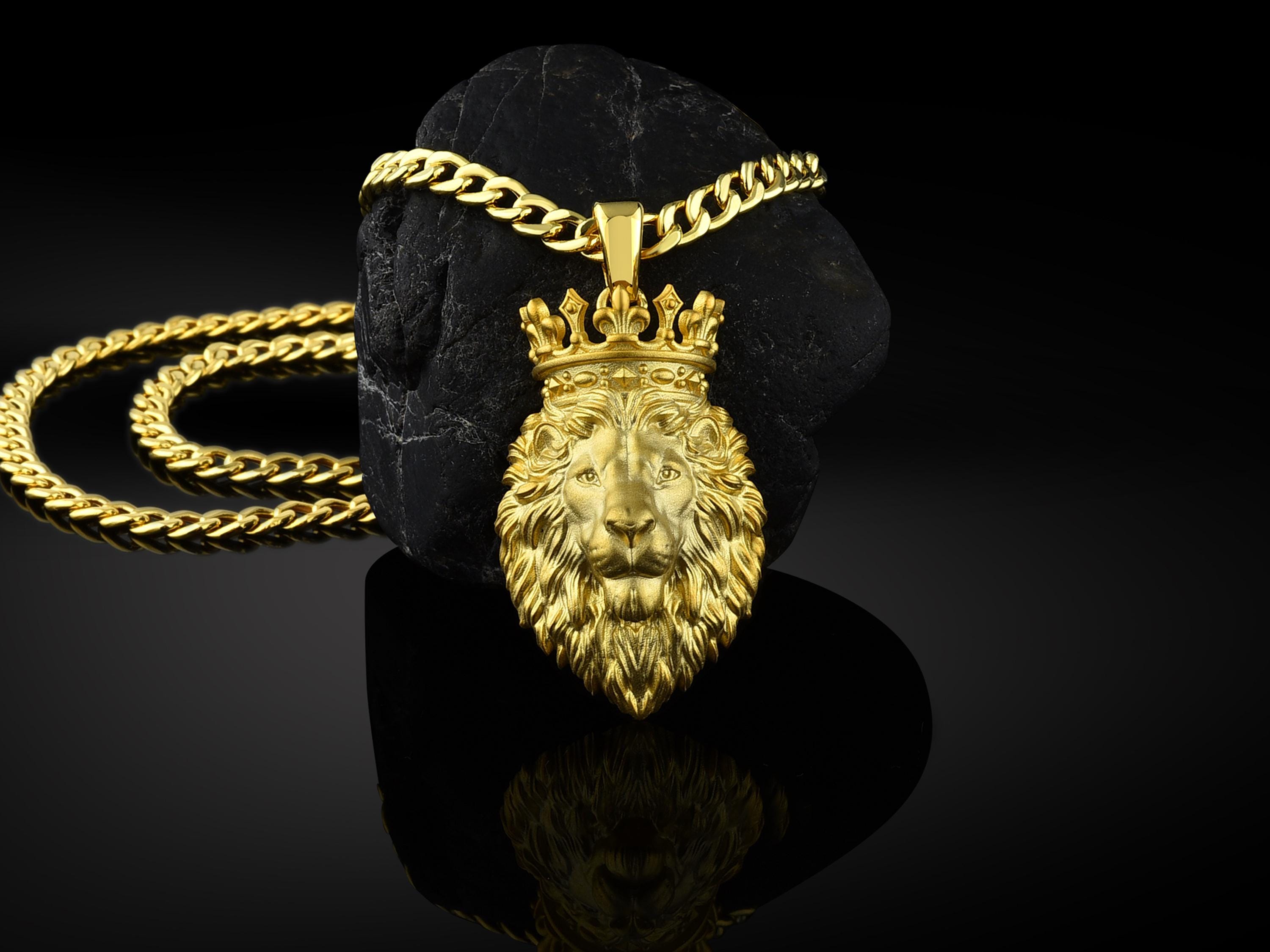 21k Gold Lion King With Golden Crown Necklace for Men 10k Gold Lion Pendant With Cuban Chain Engraved Gold Lion Pendant Anniversary Gift Etsy
