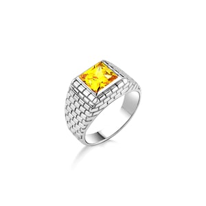 Handmade yellow citrine mens ring in 925 silver, Minimalist wedding mens gift rings, Unique signet yellow citrine gemstone rings
