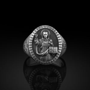 Handmade Saint Dominic Ring Signet Ring For Men&#39;s in Sterling Silver, Religious Mens Gift Ring, Christian Signet Ring, Catholic  Gift Ring