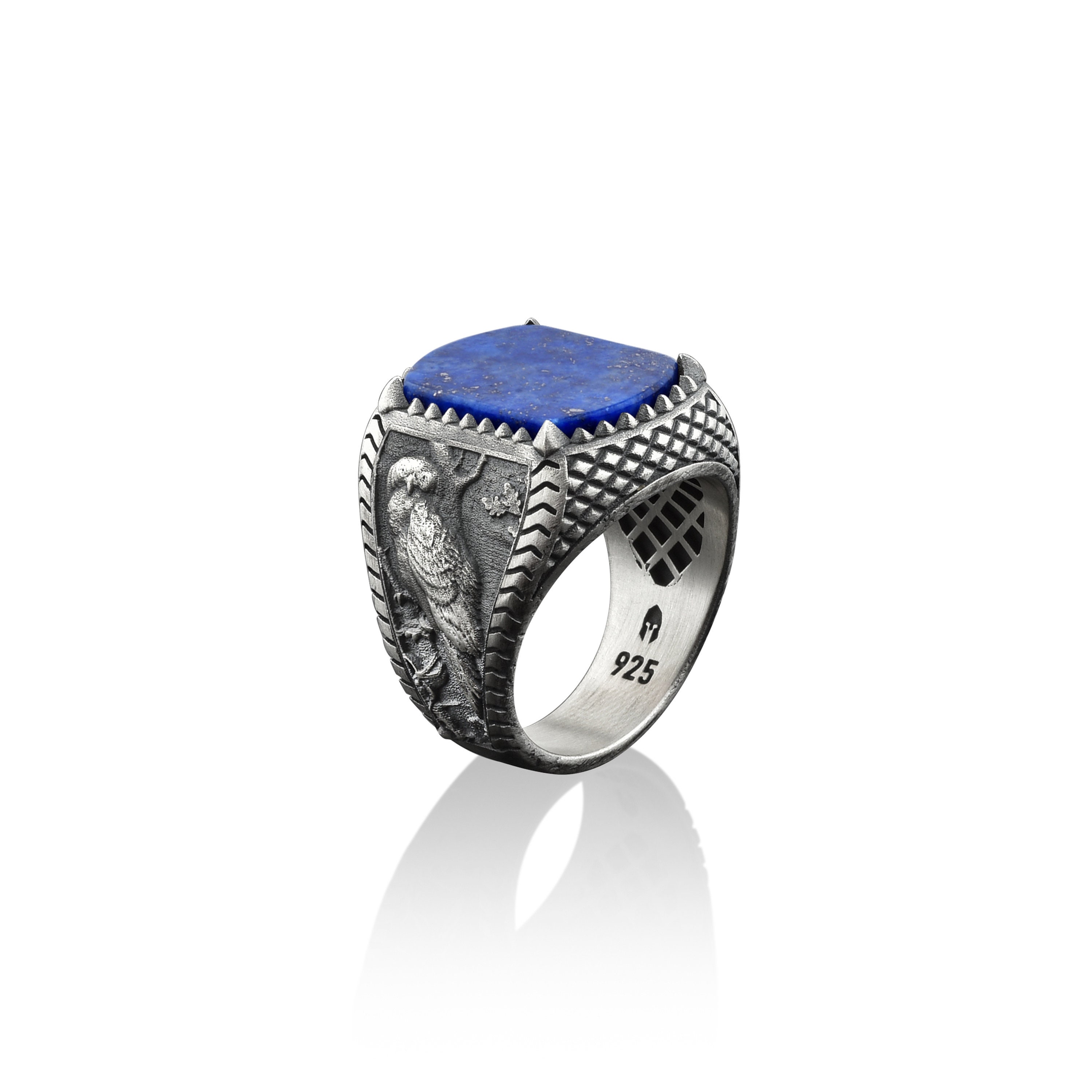 Lapis lazuli signet silver men ring with owl in the forest motif on the sides, 925 sterling silver b