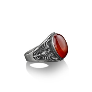 Phoenix bird carnelian gemstone signet ring for men in silver, 925 sterling silver phoenix engraved  red agate stone signet ring, Myth ring