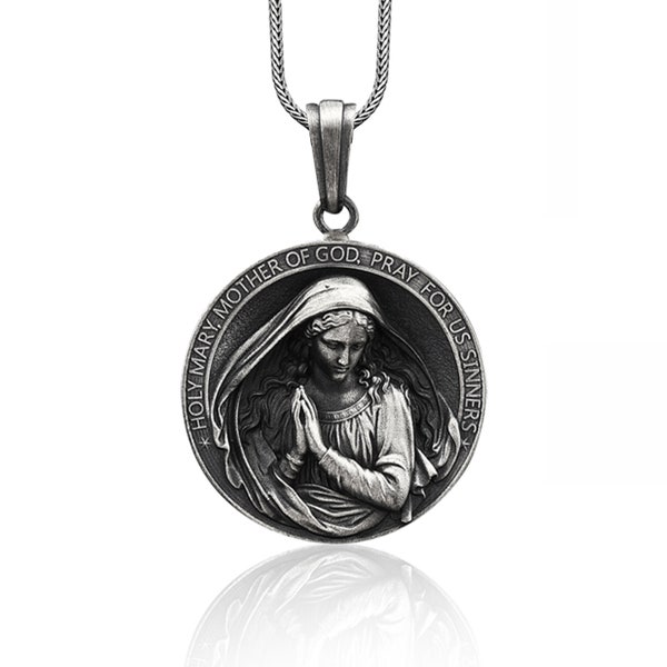 Silver Holy Mother Mary Necklace, Virgin Mary Necklace, Christian Jewelry, Virgin Mary Silver Men Pendant, Holy Mother Pray For Us Sinners
