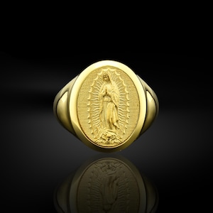 Virgen de guadalupe dainty signet ring in 14k gold, Our lady of guadalupe signet ring for women, Virgin mary ring, Wedding gift for men