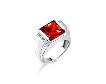 Red ruby stone signet ring for men in silver, Ruby stone pinky ring for men, cubic zirconia mens ring, Handmade unique mens fashion ring