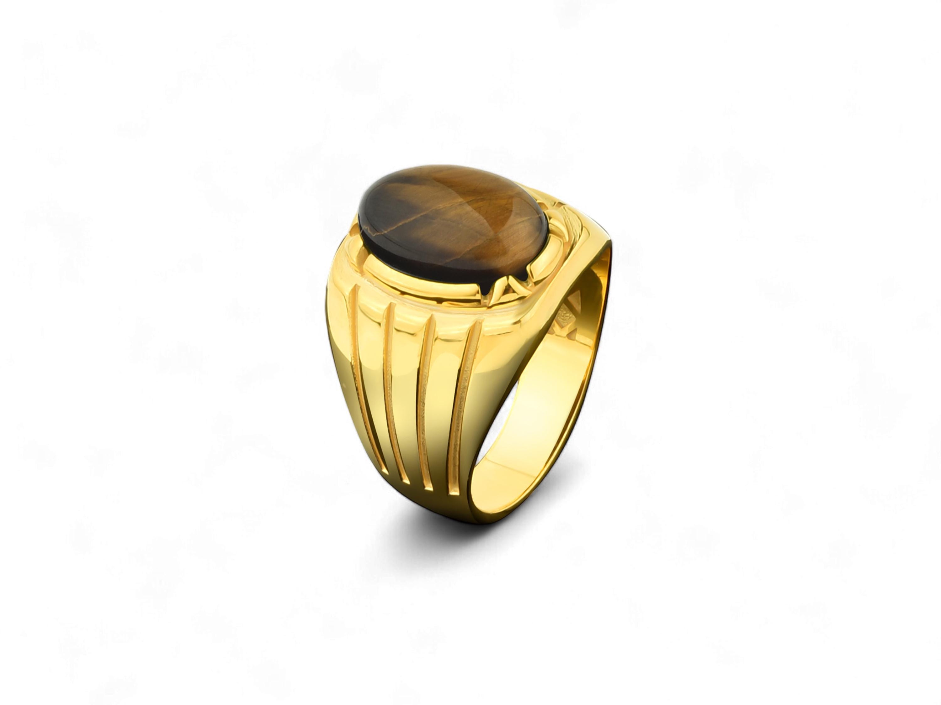Bague Ancienne Homme En Or 14 Carats - Oeil De Tigre, Taille 7,75, Gravure Intaille