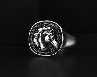 Horse Head with Gorgon Key Pattern Signet Ring in Sterling Silver, Personalized Animal Lover Gift Jewelry Rings
