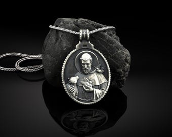 Silver Saint Francis Necklace, Saint Francis Mens Pendant, Christian Saint Francis Medallion, Silver Christian Jewelry, Religious Men Gift