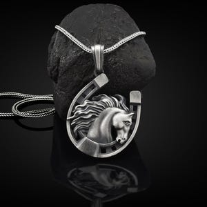 Maned Horse in Horseshoe Handmade Sterling Silver Men Charm Necklace, Horseshoe Silver Men Jewelry, Horseshoe Pendant, Animal Men&#39;s Necklace