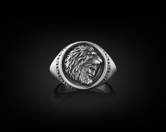 Pierścień z lwem nemejskim i Herkulesem, grecki sygnet z motywem mitologii w srebrze próby 925, pierścień fantasy dla męża, jedyny w swoim rodzaju męski pierścień