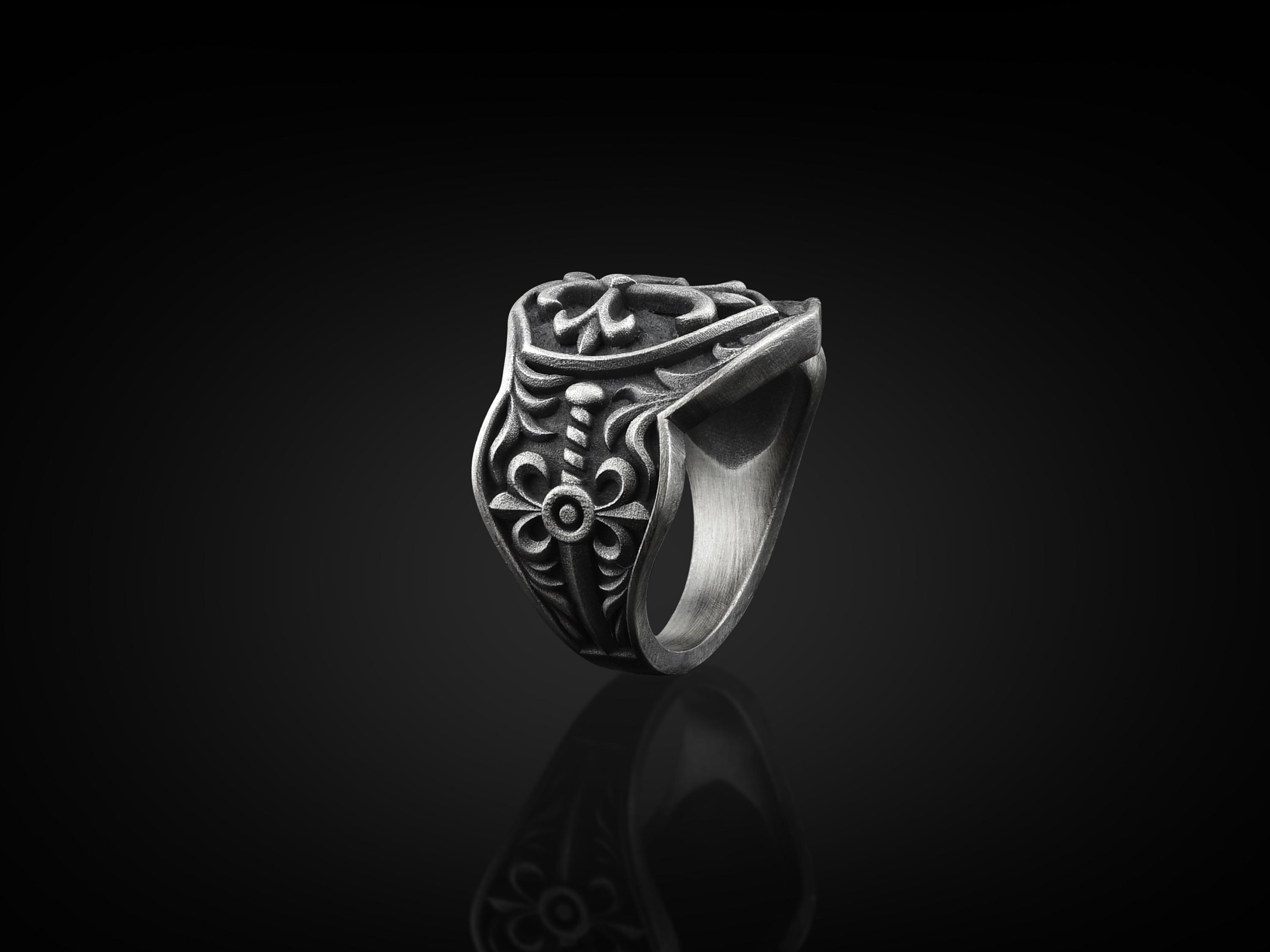 Crusader Shield Handmade Sterling Silver Men Ring, Christian Cross