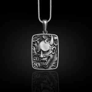 Devil In The Nature Gothic Necklace, Demon Necklace in Sterling Silver, Japanese Oni Necklace For Boyfriend, Hannya Necklace For Best Friend