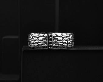 Men's 925 Oxidized Silver Tree Bark Band Ring, Black Zircon Stone With Handmade Engraved Wedding Gift Rings