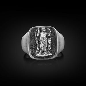 Religieuze ring aartsengel Gabriël, sterlingzilveren geloofsring voor familie, gegraveerde vierkante zegelring voor mannen, christelijke sieraden voor echtgenoot
