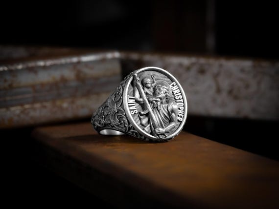 Sterling Silver Signet Men Ring With Saint Christopher and Baby