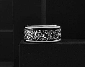 Unique Wolf Men's Silver Band Ring with Nordic Pattern,  Celtic Ornament Viking Wedding Band Jewelry for Men
