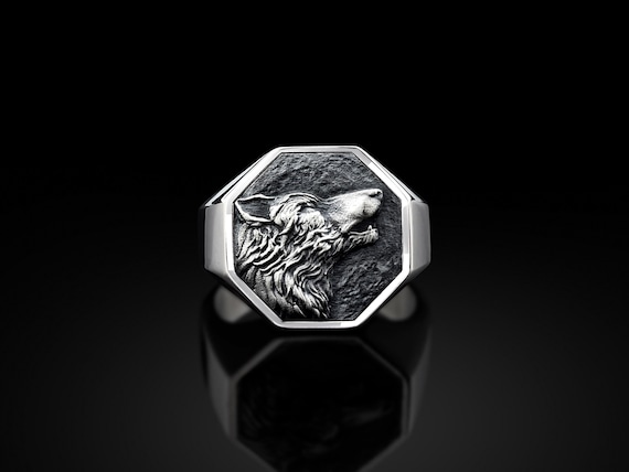 Anello Uomo 925 Argento Lupo Ululante Con Luna - Gioiello Gotico Stile Biker