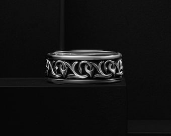 Silver Carved Leaf Motif Promise Men's Band Ring, Personalized Rococo Ornament Engraved Wedding Gift Jewelry