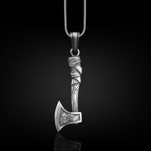Silver viking axe necklace for men, Viking batte axe pendant for good luck, Norse mythology freya necklace for dad