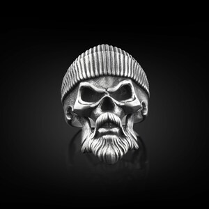 Hippie Skull Biker-ring voor heren in sterlingzilver, unieke punk herenring, geoxideerde herenring in gotische stijl, bikerring voor beste vriend