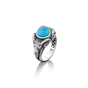Turquise agate unique men ring in sterling silver, Animal handmade engraved ram on side ring for men. Aries zodiac sign trquise stone ring