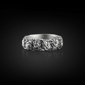 Rose Flower Engagement Ring For Men, Nature Inspired Mens Wedding Band Ring in Oxidized Sterling Silver, Floral Promise Ring For Him