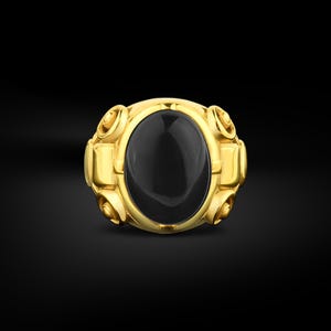 14k solid gold men signet ring with black onyx, Extraordinary mens black onyx gold ring, Cyberpunk ring, Oval cut onyx wedding gold men ring