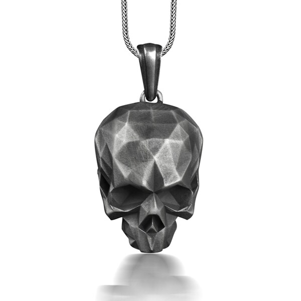 Collier géométrique tête de mort pour homme, pendentif homme tête de mort 3D en argent sterling, collier Halloween de style gothique, collier punk pour petit ami