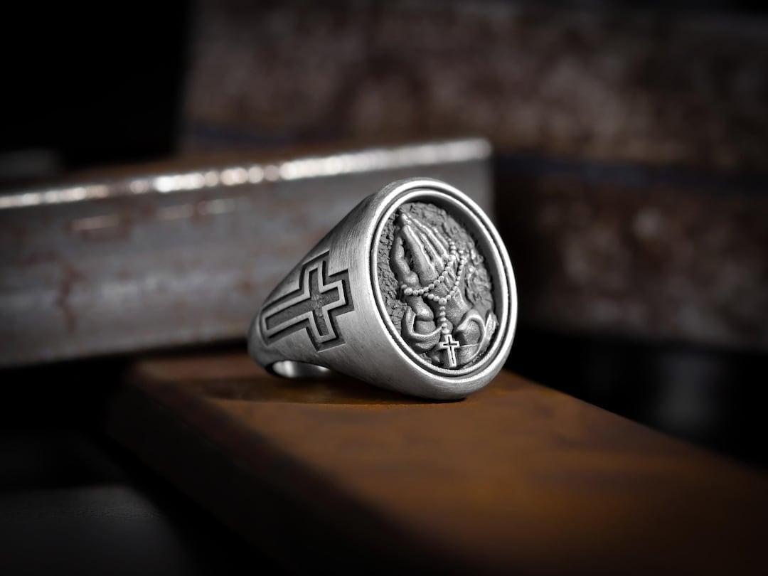 Praying Hands Holy Rosary Men Ring in 925 Silver, Christian Catholic ...