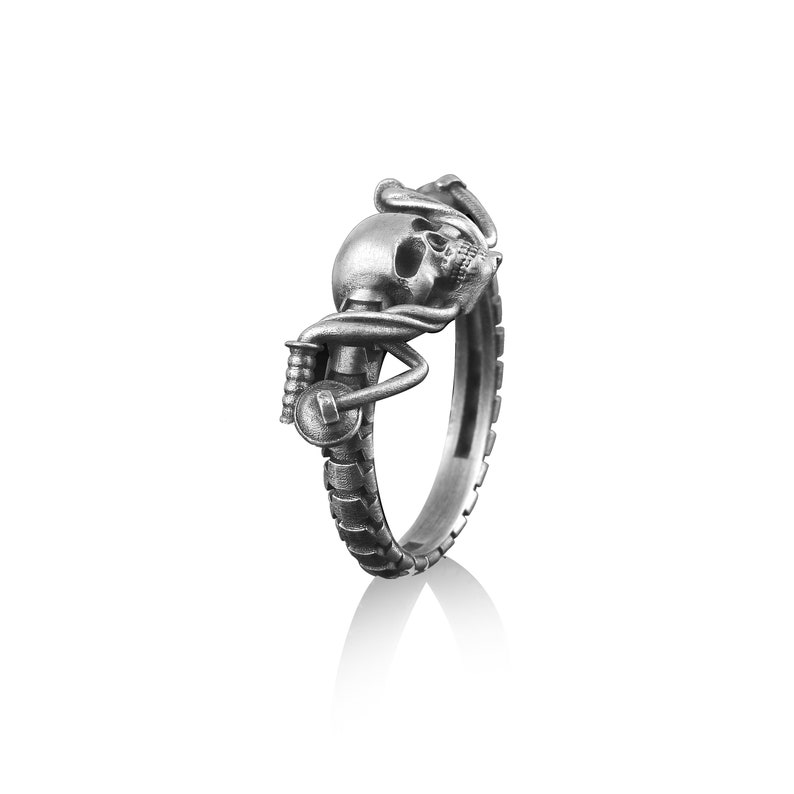 Silver Biker Skull Ring, Men Silver Skull Ring, Men Silver Gift Rings, Pinky Silver Biker Ring, Oxidized Silver Biker Ring, Gift for Him image 2