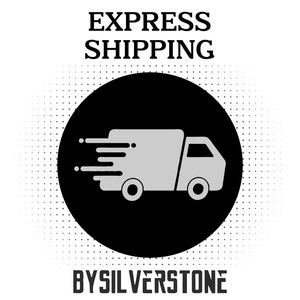 May include: A black circle with a white delivery truck inside, with the words "EXPRESS SHIPPING" above and "BY SILVERSTONE" below.
