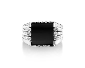 Square cut black onyx ring with cz in silver, Flat top onyx statement ring for men, Unique mens onyx ring with zircon,