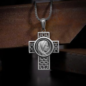 Sterling silver crucifix men cross necklace with virgin mary, Holy mother crucifix necklace, Christian catholic silver charm gift jewelry
