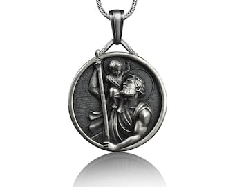 Handmade Sterling Silver Saint Christopher Men Charm Necklace, St Christoper Men Jewelry, St Christopher Pendant, Christian Medallion Gift