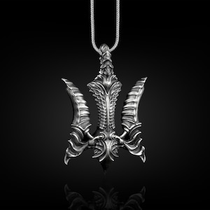 Falcon Cyberpunk Necklace in Sterling Silver, Futuristic Biomechanical Trident Necklace For Men, Goth Necklace for Boyfriend, Cool Necklace