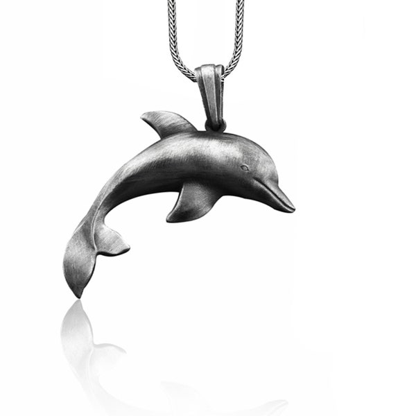 Dolphin Handmade Sterling Silver Men 3D Charn Necklace, Dolphin 3D Silver Men Jewelry, Sea Animal Necklace, Dophin Pendant, Memorial Gift