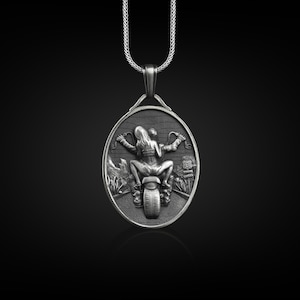 Biker and girl pendant necklace in silver, Personalized handmade necklace for best friend, Harley davidson gift for him