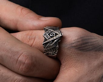 Master Mason Symbol Silver Ring with Engraved Eye of Providence, Freemason and Eye of Providence Gift Jewelry