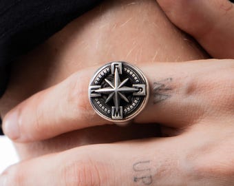 Oxidized Sterling Silver Compass with North Star Men's Ring, Handmade Nautical Sailor Gift Jewelry for Him