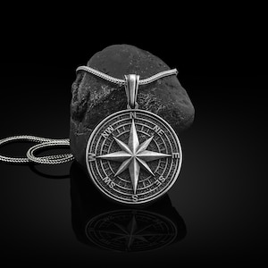 Silver Compass North Star Silver Necklace, Compass Pendant, North Star Charm Pendant, Coin Form Silver Compass North Star Handmade Necklace
