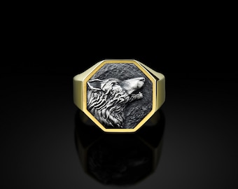 Handmade Howling Wolf Men's Ring, Silver Alpa Wolf Signet Men Ring, Gold Plated Wolf Ring, Sterling Silver Wedding Men Jewelry, Ring For Men