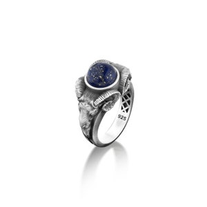 Lapis lazuli ring for men engraved ram in sterling silver, Kind blue lapis animal ring for men, Zodiac zodiac lapis handmade ring for aries