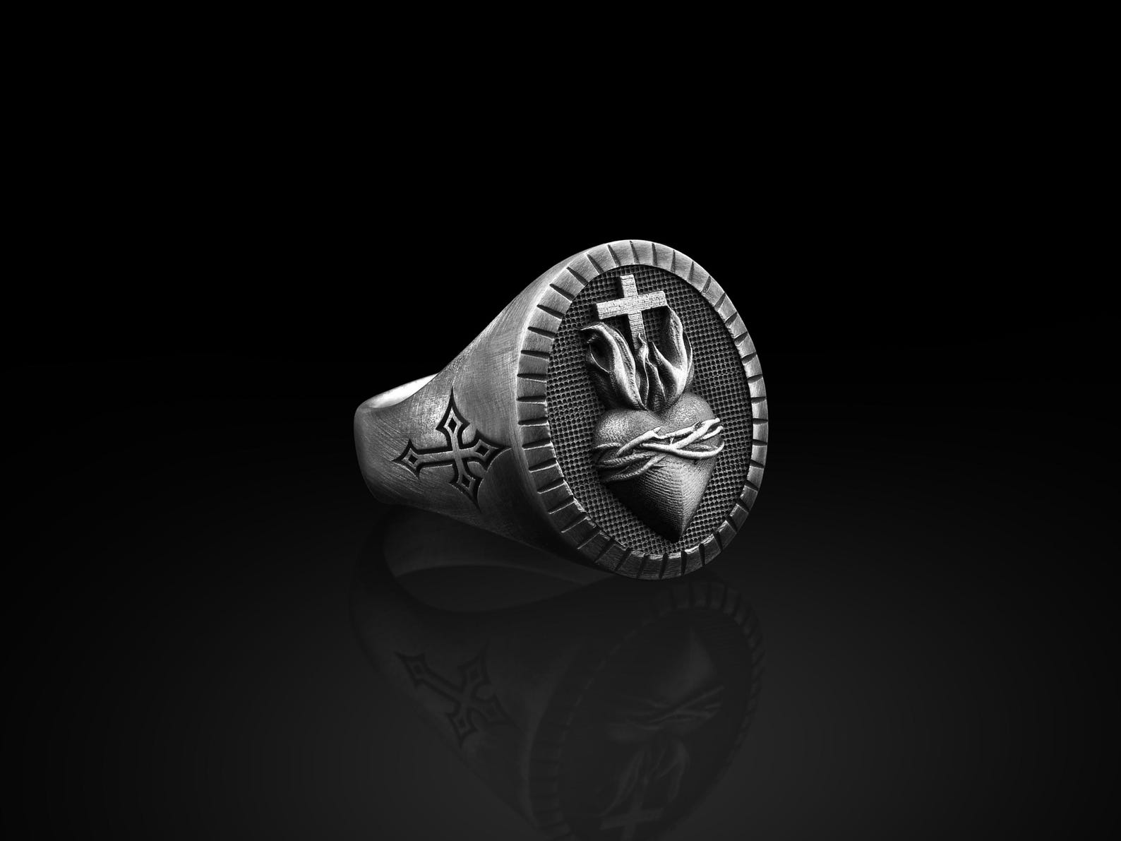Sacred Heart Signet Ring for Men in Sterling Silver, Christian ...