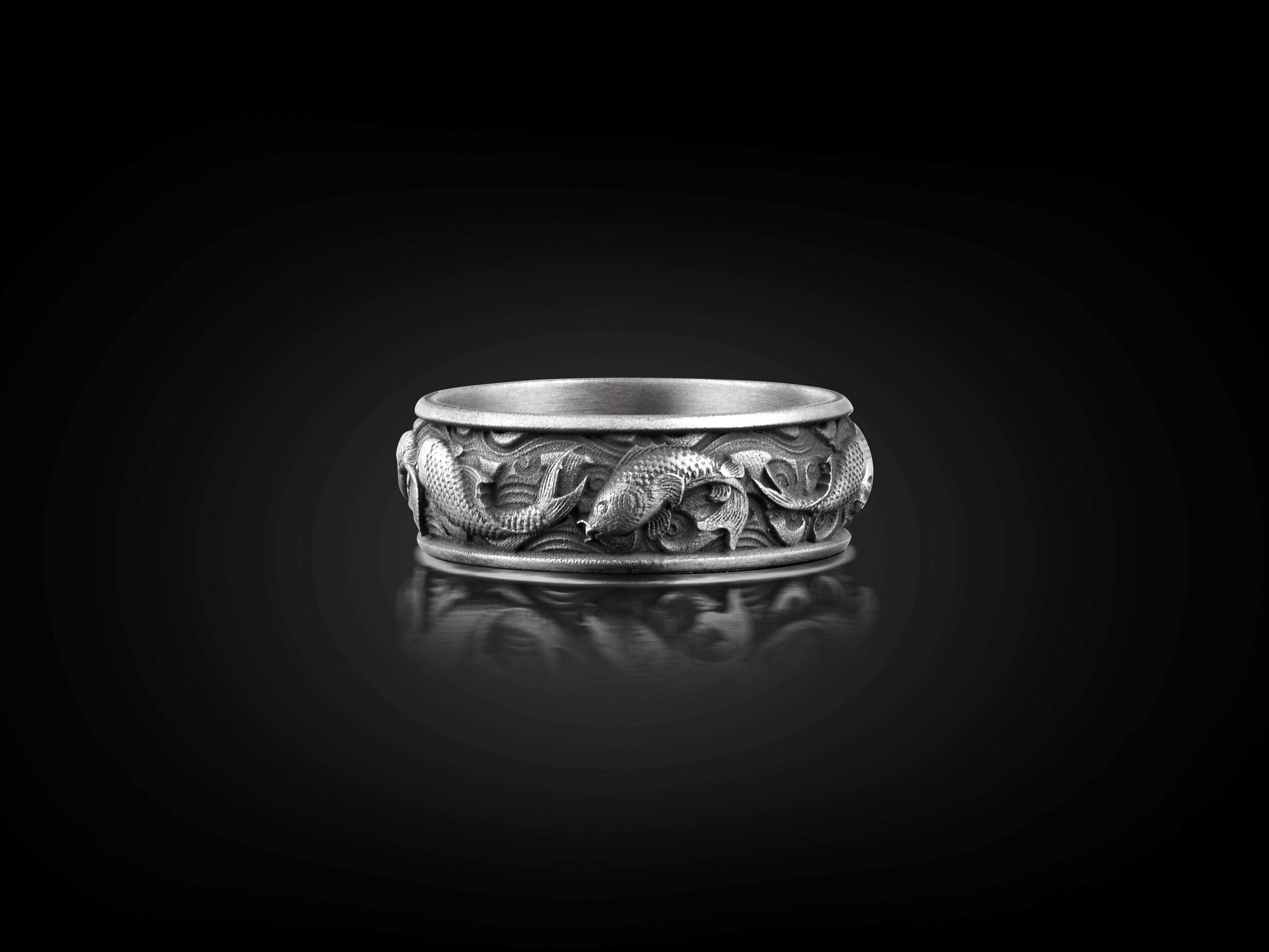 Koi Fish Sterling Silver Mens Ring, Japanese Fish Nature Inspired Ring, Engraved Mens Engagement Ring, Pisces Ring For Dad Birthday Gift