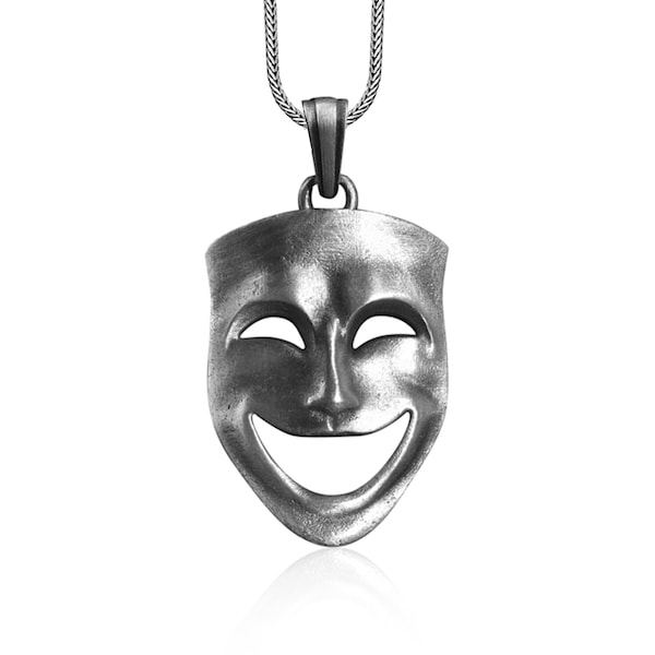 Collier masque comique, pendentif masque dramatique en argent sterling, collier masque visage heureux, cadeau pour petite amie, pendentif masque de théâtre pour homme