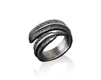 Silver Feather Ring, Sterling Silver Men Jewelry, Oxidized Feather Ring, Adjustable Bird Feather Accessory, Bird Feather Ring, Men Gift Ring